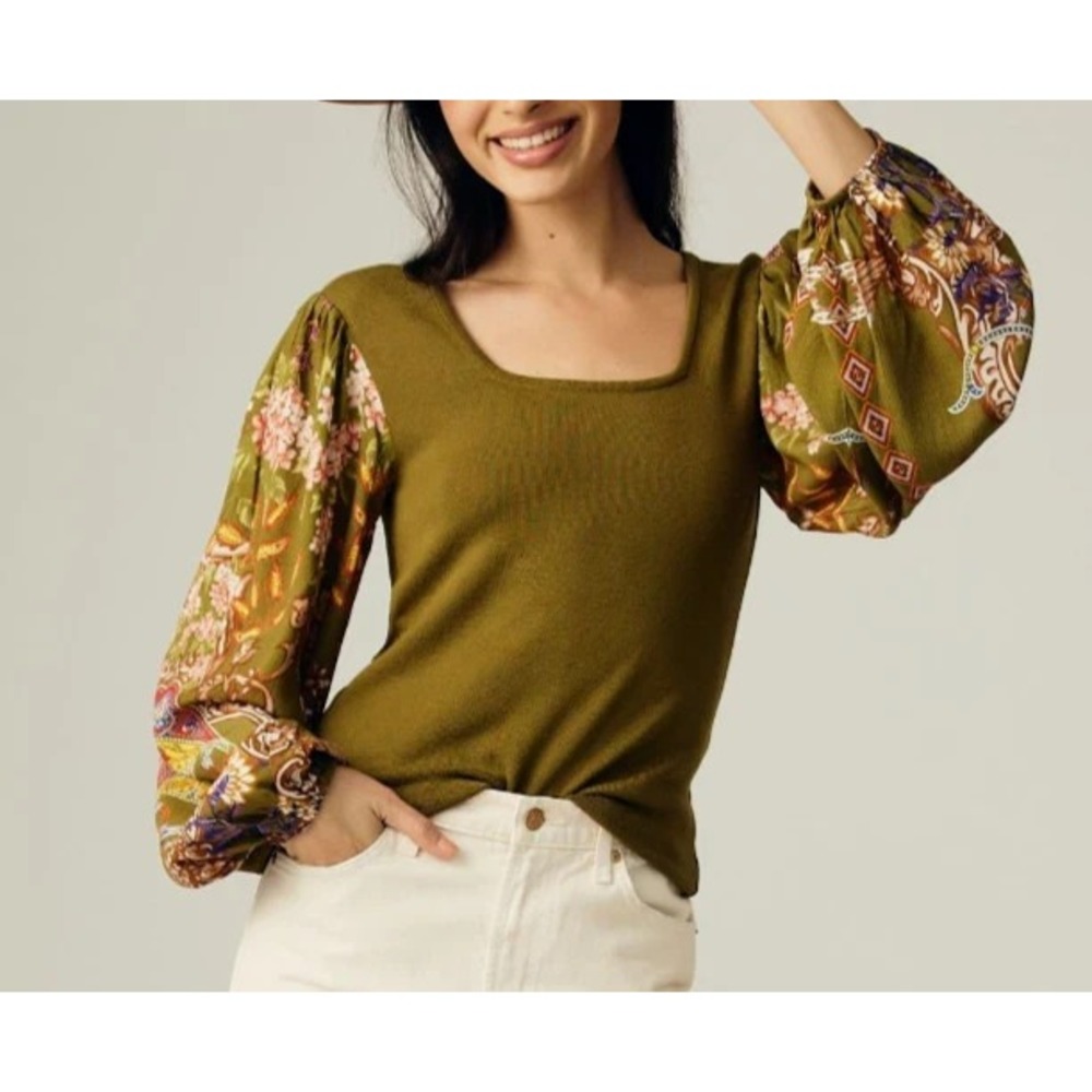 Anthropologie Blank London Bl-nk Bl^nk Printed-Sleeve Sweater Top Medium Green